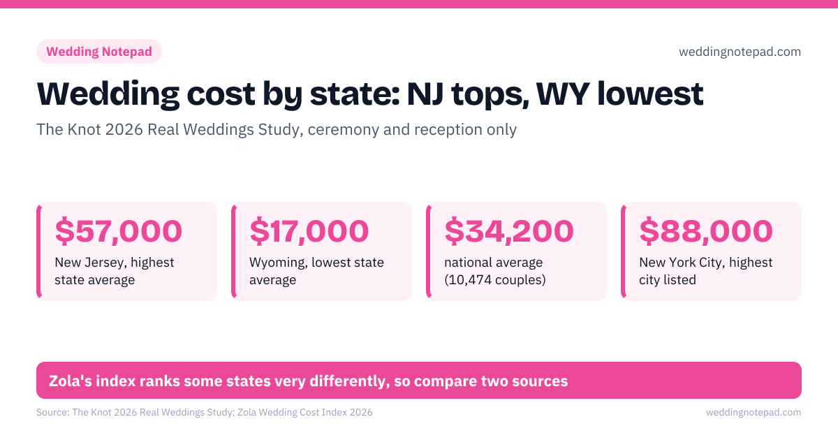 Wedding cost by state: NJ tops, WY lowest. $57,000 – New Jersey, highest state average; $17,000 – Wyoming, lowest state average; $34,200 – national average (10,474 couples); $88,000 – New York City, highest city listed. $48,400: Mid-Atlantic, the most expensive region; $46,600: New England / the Northeast; $31,300: South/Southeast and the West; $29,000: Midwest, the least expensive region. Zola's index ranks some states very differently, so compare two sources