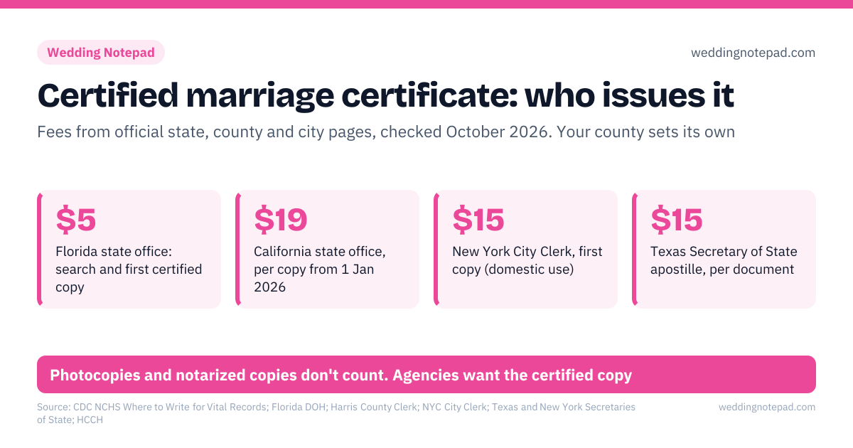 Certified marriage certificate: who issues it. $5 – Florida state office: search and first certified copy; $19 – California state office, per copy from 1 Jan 2026; $15 – New York City Clerk, first copy (domestic use); $15 – Texas Secretary of State apostille, per document. 1: wait until the signed license is recorded by the county; 2: order from the county clerk or recorder where it was issued; 3: order 2–3 copies: SSA, DMV and passport each want one; 4: for use abroad: apostille from your Secretary of State. Photocopies and notarized copies don't count. Agencies want the certified copy