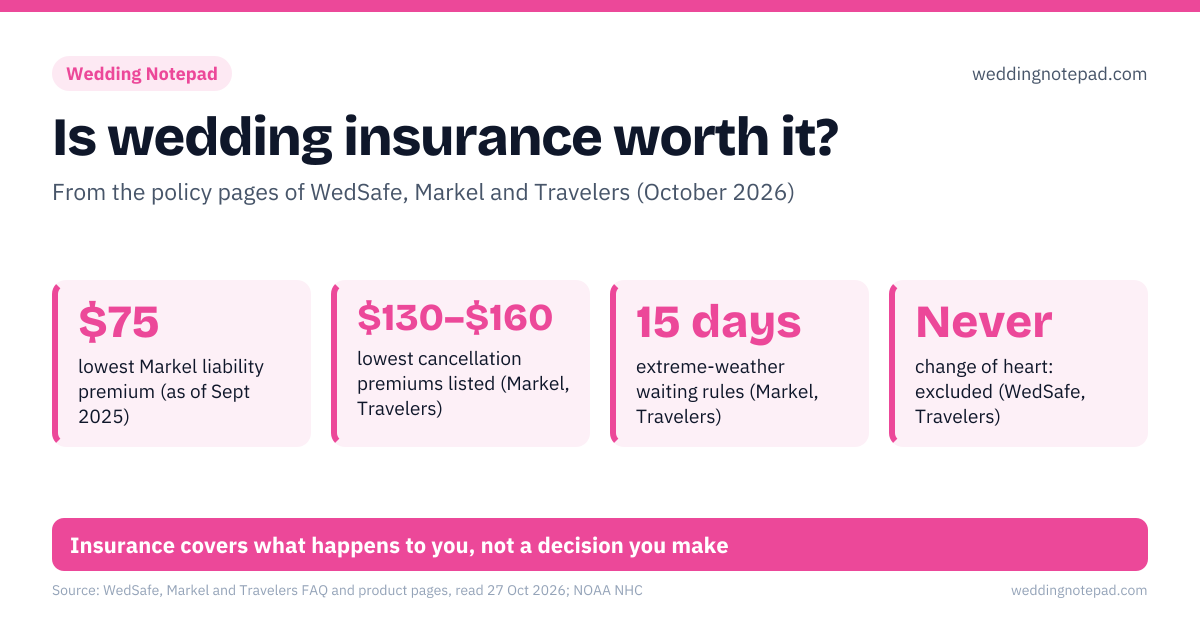 Is wedding insurance worth it?. $75 – lowest Markel liability premium (as of Sept 2025); $130–$160 – lowest cancellation premiums listed (Markel, Travelers); 15 days – extreme-weather waiting rules (Markel, Travelers); Never – change of heart: excluded (WedSafe, Travelers). Źle: buying cover after a hurricane is already forecast, expecting a payout for an ordinary rainy day, assuming homeowners insurance covers the venue. Dobrze: buy cancellation cover when you pay the first deposits, match the limit to your non-refundable spend, send the venue its certificate of insurance early. Insurance covers what happens to you, not a decision you make
