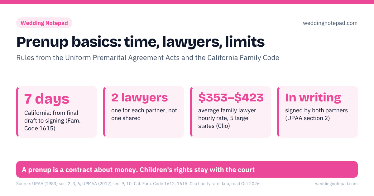 Prenup basics: time, lawyers, limits. 7 days – California: from final draft to signing (Fam. Code 1615); 2 lawyers – one for each partner, not one shared; $353–$423 – average family lawyer hourly rate, 5 large states (Clio); In writing – signed by both partners (UPAA section 2). Źle: limiting child support, deciding custody or visitation in advance, a draft handed over days before the wedding, hiding assets or debts from your partner. Dobrze: dividing property and debts, spousal support terms, within state limits, time for each partner to get independent advice, full financial disclosure, attached to the agreement. A prenup is a contract about money. Children's rights stay with the court