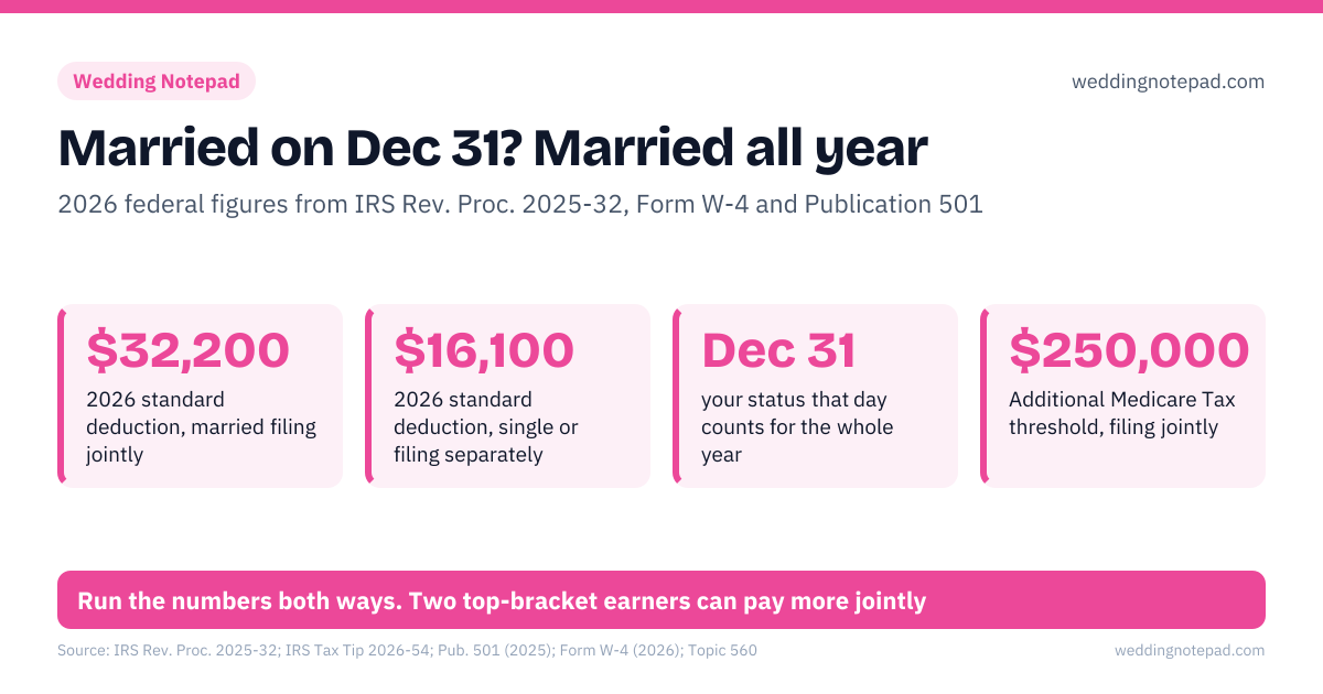 Married on Dec 31? Married all year. $32,200 – 2026 standard deduction, married filing jointly; $16,100 – 2026 standard deduction, single or filing separately; Dec 31 – your status that day counts for the whole year; $250,000 – Additional Medicare Tax threshold, filing jointly. 1: name change: update Social Security before you file; 2: new W-4 for each job; Step 2 if you both work; 3: run the numbers jointly and separately. Run the numbers both ways. Two top-bracket earners can pay more jointly