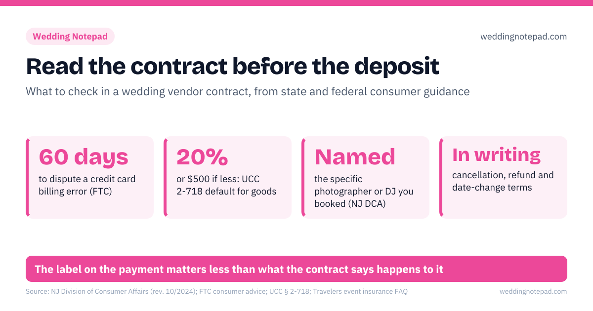 Read the contract before the deposit. 60 days – to dispute a credit card billing error (FTC); 20% – or $500 if less: UCC 2-718 default for goods; Named – the specific photographer or DJ you booked (NJ DCA); In writing – cancellation, refund and date-change terms. Źle: paying a vendor you haven't met and have no written contract with, wiring money or paying with gift cards or crypto, assuming force majeure covers a change of plans. Dobrze: pay deposits by credit card, get the refund and rescheduling terms in the contract, check complaints with your state consumer agency first. The label on the payment matters less than what the contract says happens to it